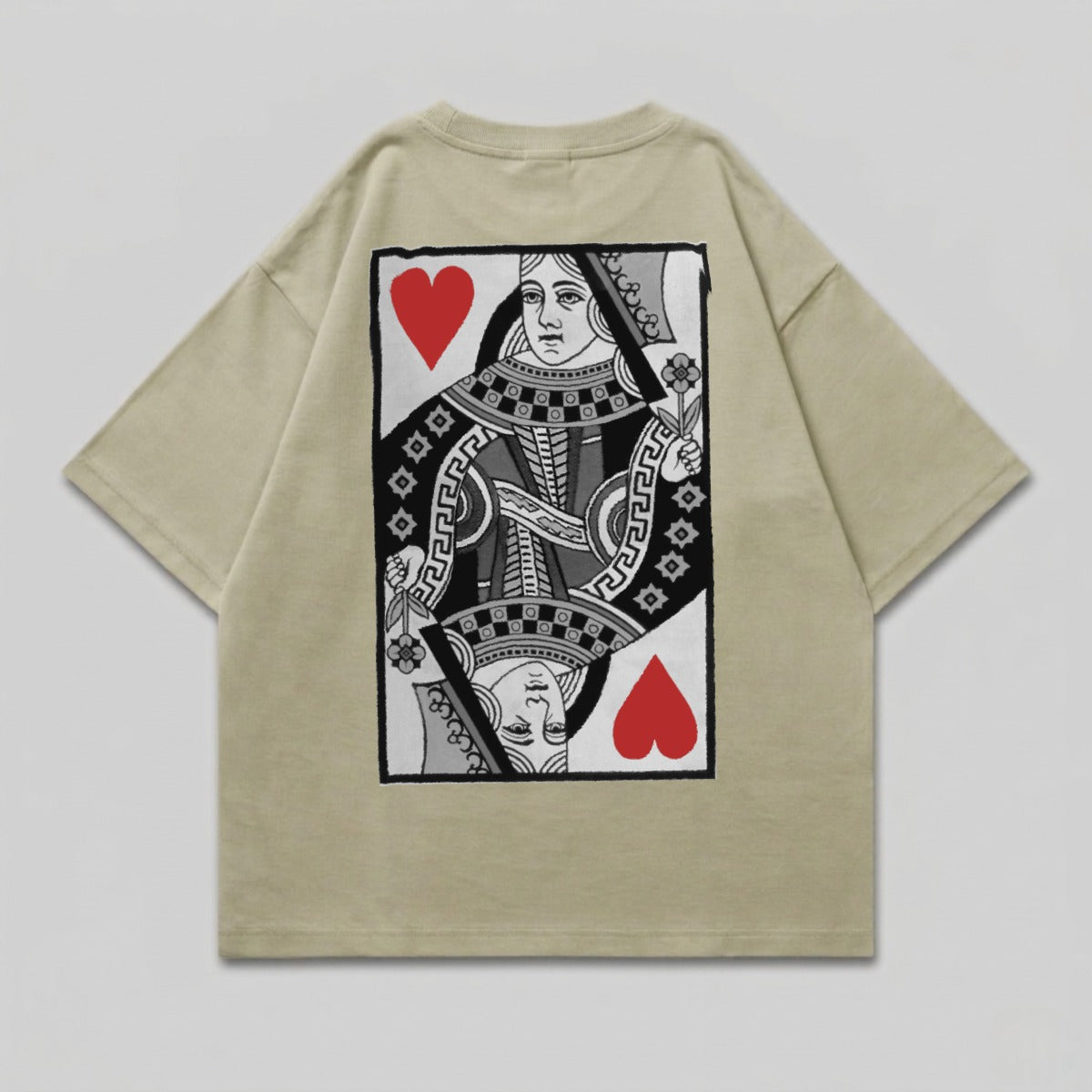 T-shirt with Queen of Hearts playing card graphic on back.