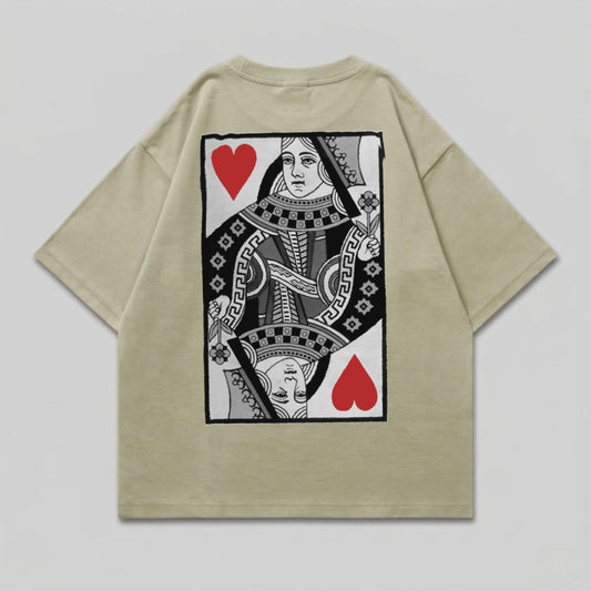 T-shirt with Queen of Hearts playing card graphic on back.