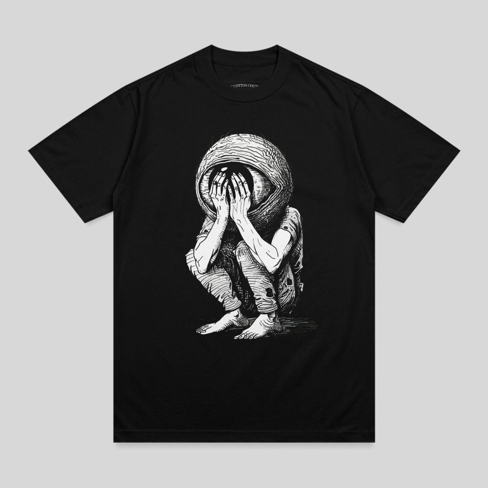 Black t-shirt surreal eye head figure hiding graphic product type