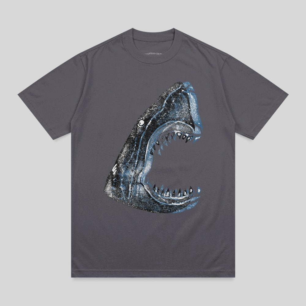 Grey t-shirt with a graphic of a shark's open mouth and teeth.