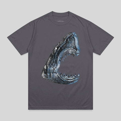 Grey t-shirt with a graphic of a shark's open mouth and teeth.