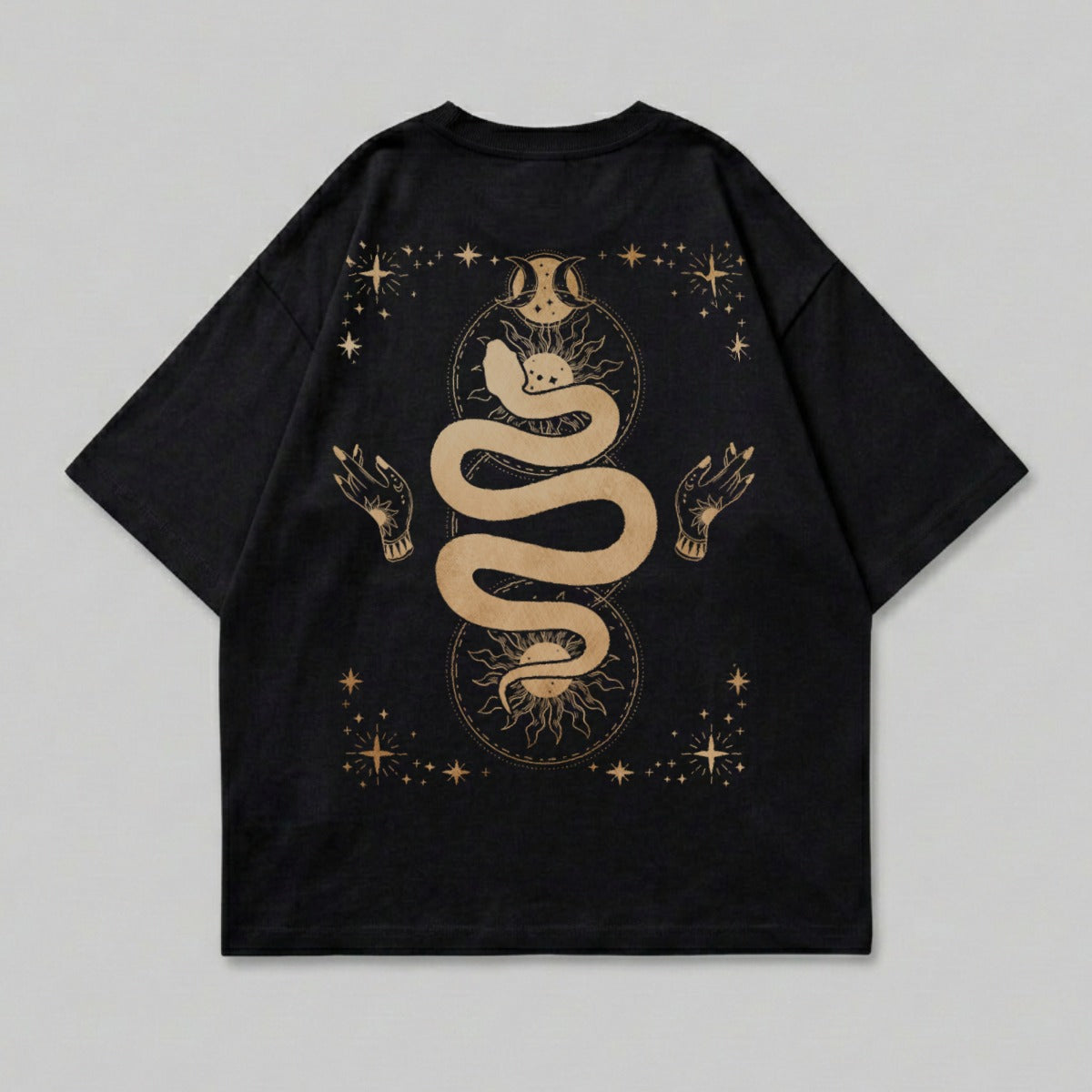 Celestial Serpent Hands Sun Moon Stars Black T-Shirt product type
Black T-Shirt, Serpent Graphic, Celestial Print, Sun Moon Design, Mystic Hands Tee, Occult Fashion, Astrology Art, Spiritual Wear, Dark Aesthetic, Gothic Apparel, Witchy Style, Esoteric Shirt, Snake Motif, Starry Design, Unisex Top, Oversized Tee, Streetwear Style, Unique Graphic, Symbolic Art, Cosmos Inspired