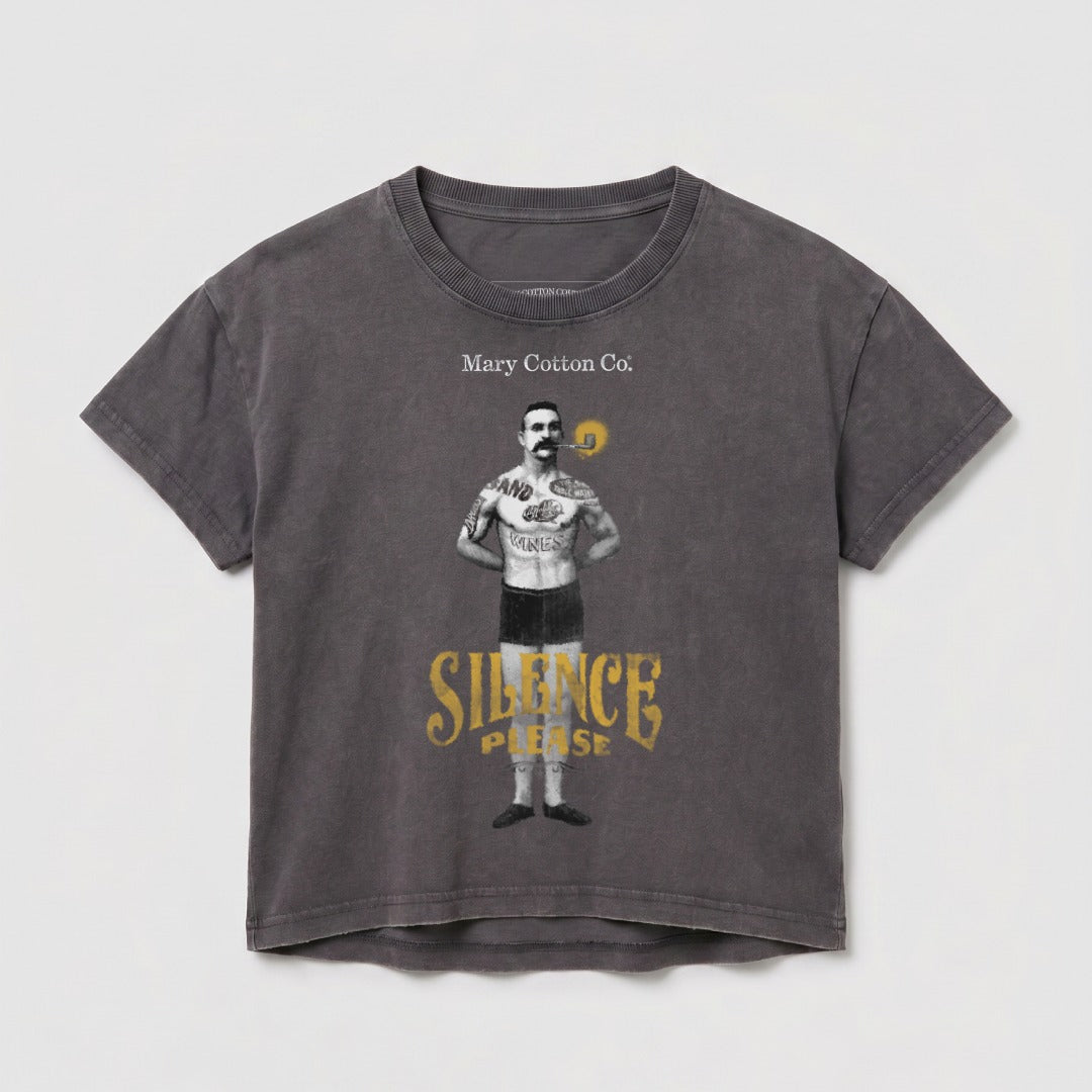 Dark grey t-shirt with vintage tattoo-style man smoking a pipe and "Silence Please" text.