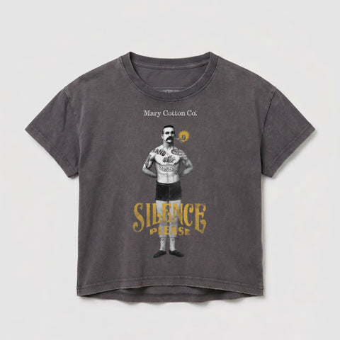 Dark grey t-shirt with vintage tattoo-style man smoking a pipe and "Silence Please" text.