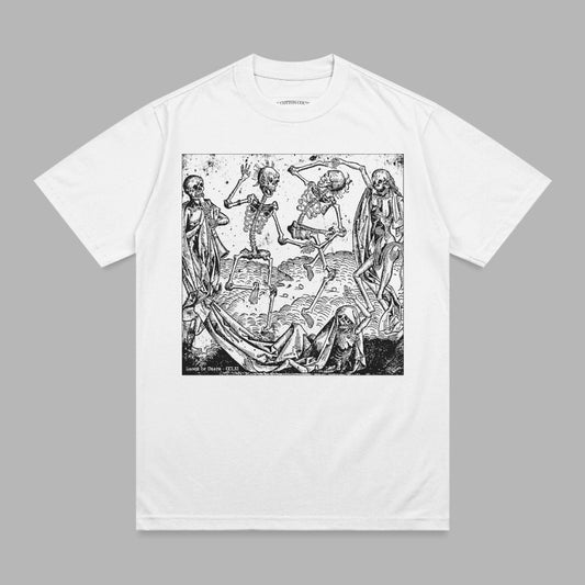 White t-shirt with "Dance of Death" skeleton illustration.