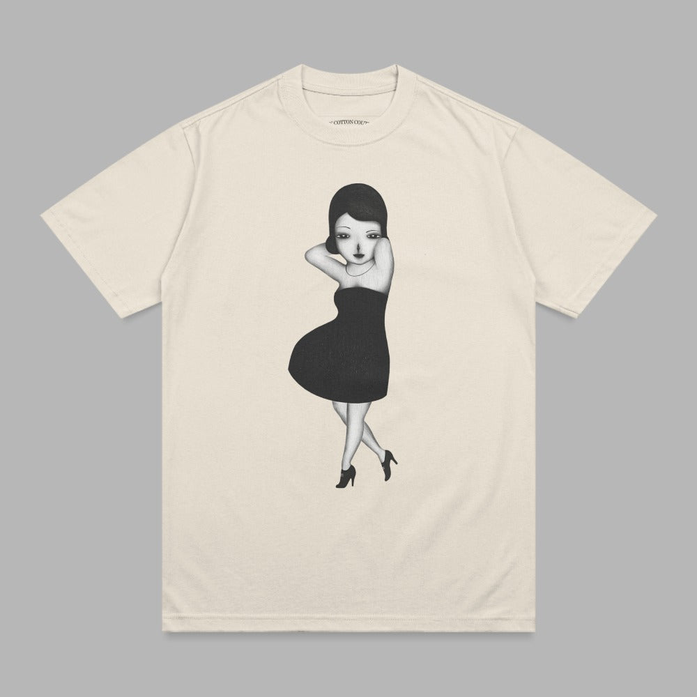 Black and white illustration of a stylized woman in a black dress on a cream t-shirt.