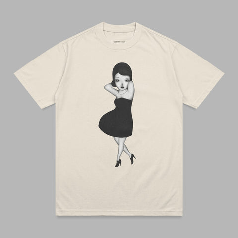Black and white illustration of a stylized woman in a black dress on a cream t-shirt.