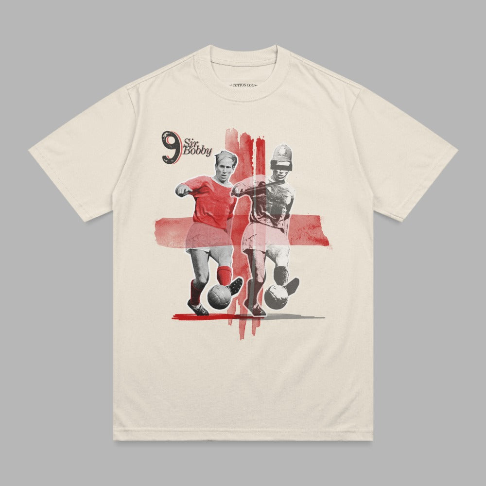 Two vintage football players in red jerseys, Sir Bobby text graphic.