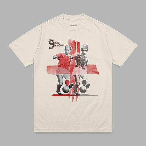 Two vintage football players in red jerseys, Sir Bobby text graphic.