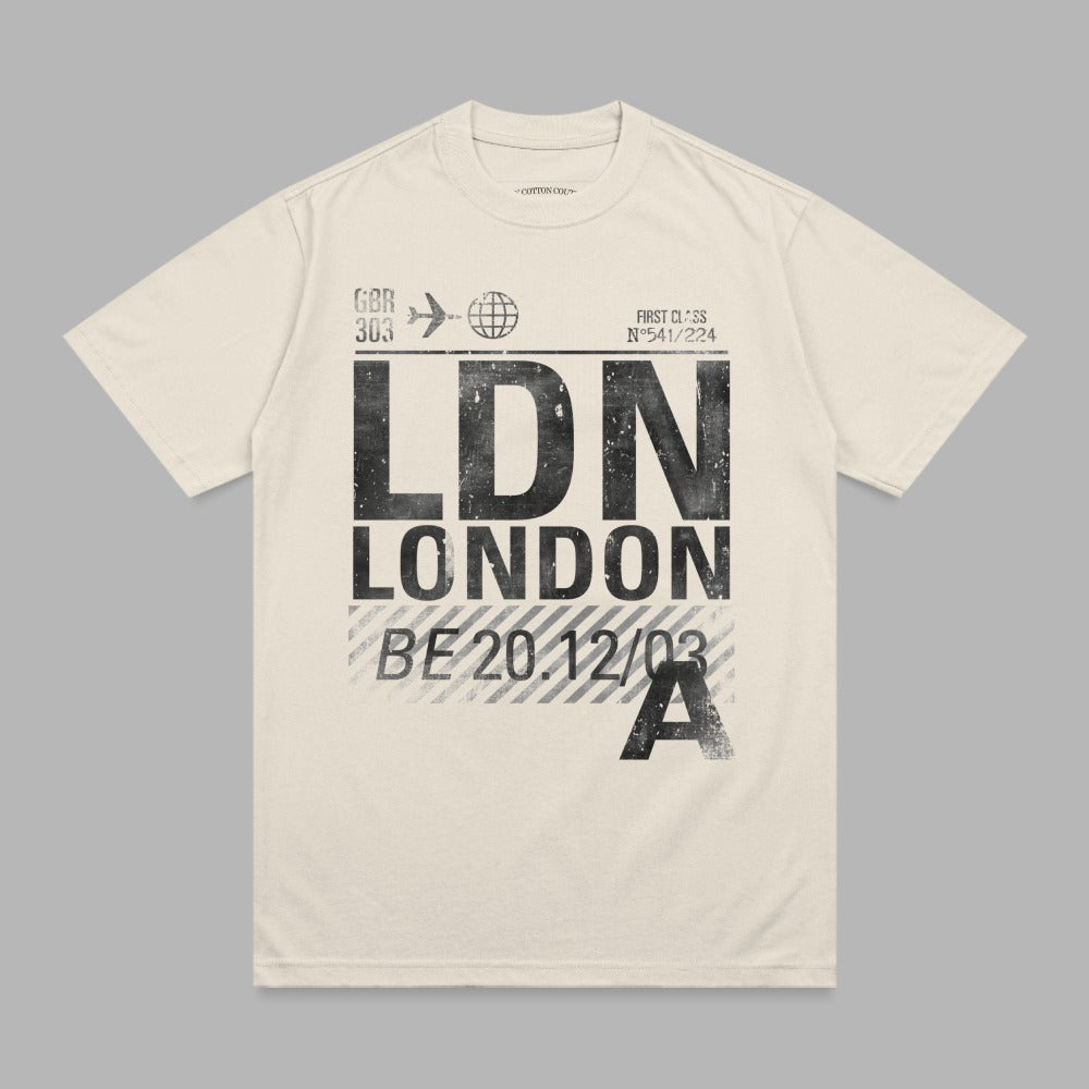 Black and white t-shirt with "LDN LONDON" in distressed font and flight information.