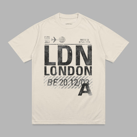 Black and white t-shirt with "LDN LONDON" in distressed font and flight information.
