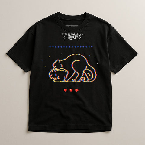 Retro 8-bit Cat Art T-shirt with Pixel Heart Design