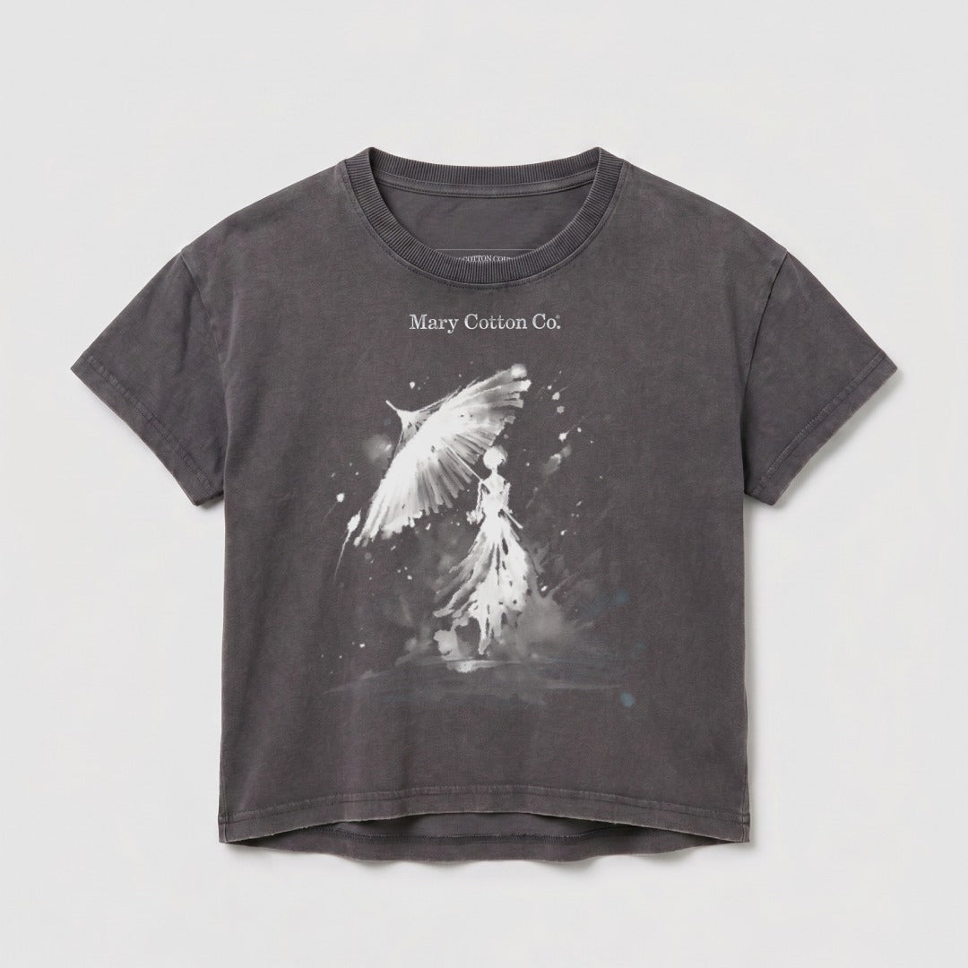 Gray t-shirt with a woman and white bird graphic and "Mary Cotton Co." text.