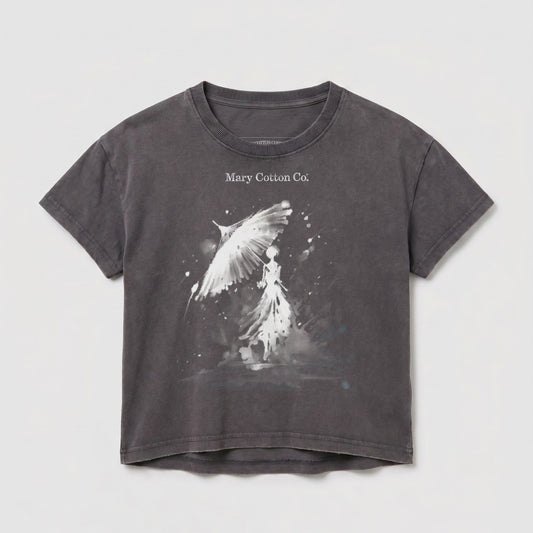 Gray t-shirt with a woman and white bird graphic and "Mary Cotton Co." text.