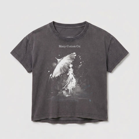 Gray t-shirt with a woman and white bird graphic and "Mary Cotton Co." text.
