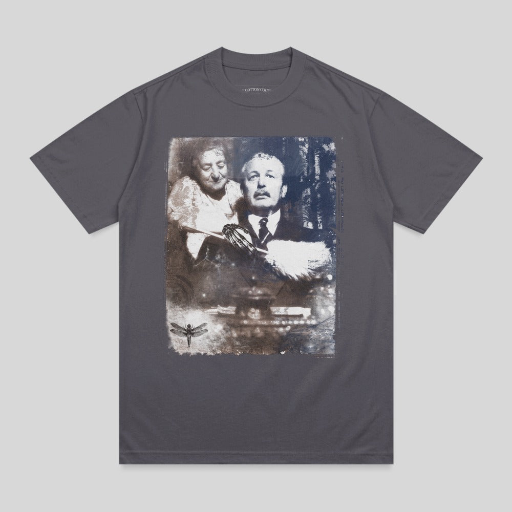 Vintage portrait of a couple with a dragonfly, printed on a grey t-shirt.