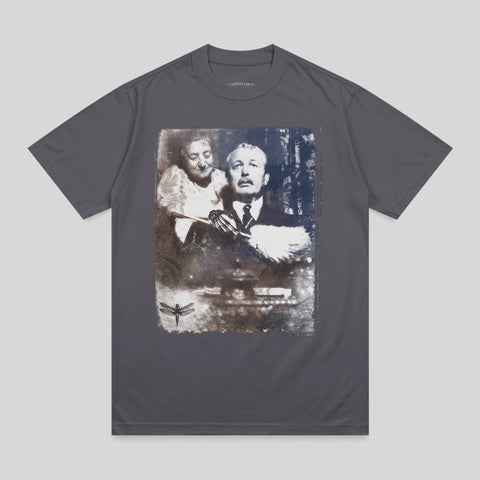 Vintage portrait of a couple with a dragonfly, printed on a grey t-shirt.