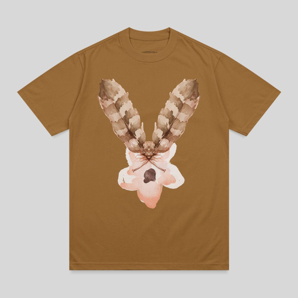 Brown t-shirt with watercolor moth and feather design.