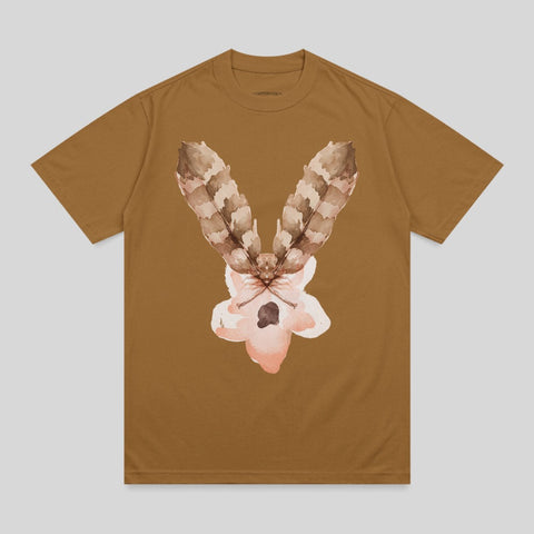 Brown t-shirt with watercolor moth and feather design.