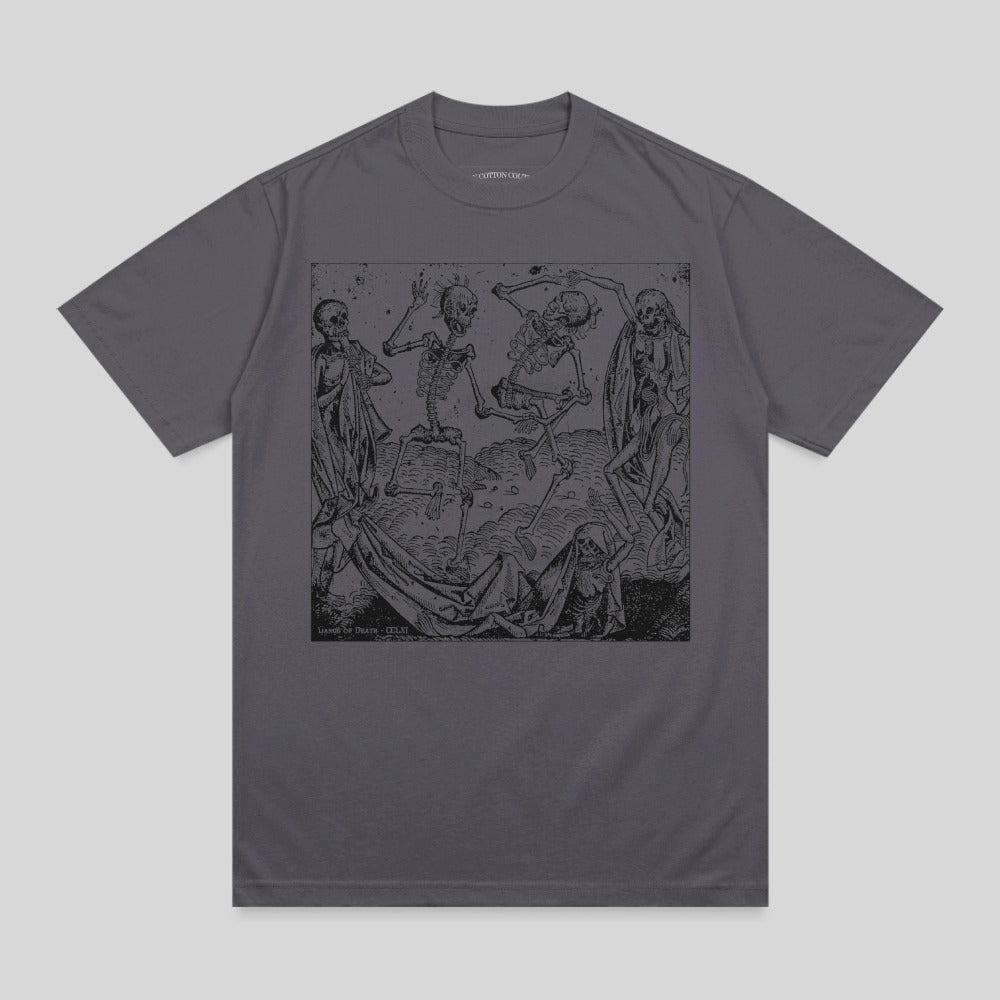 Dark grey t-shirt with "Dance of Death" skeleton woodcut art.