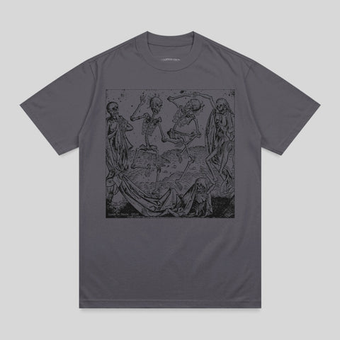 Dark grey t-shirt with "Dance of Death" skeleton woodcut art.
