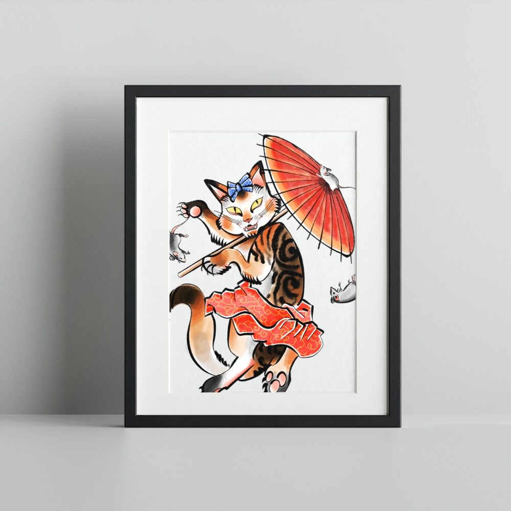 Dancing Cat with Umbrella and Mice Illustration Art
