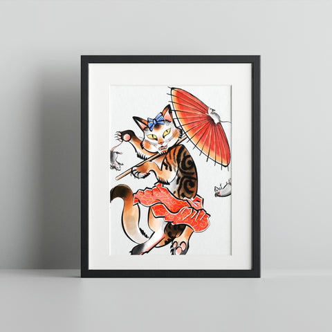 Dancing Cat with Umbrella and Mice Illustration Art