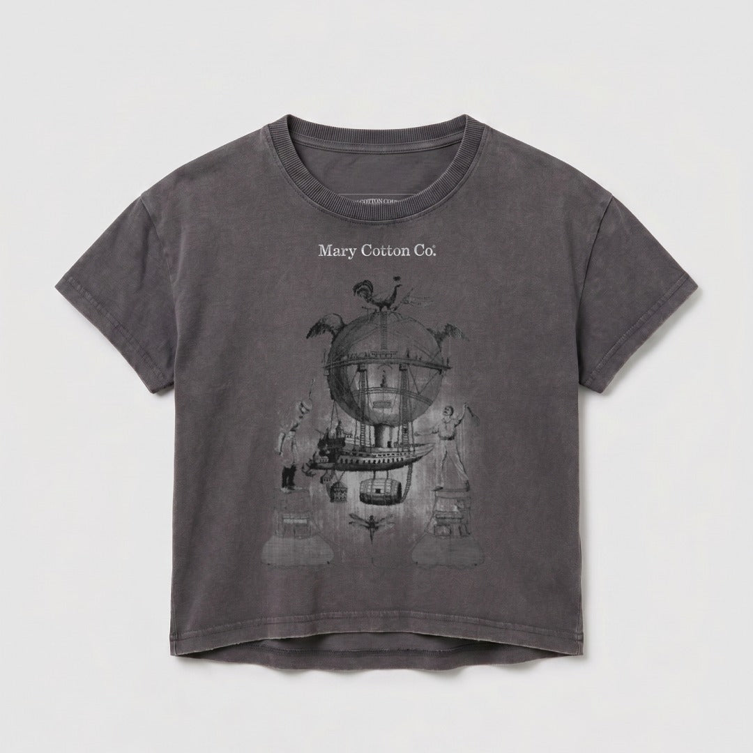 Gray t-shirt with a vintage hot air balloon and creature illustration.