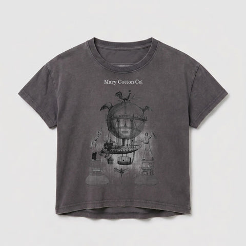 Gray t-shirt with a vintage hot air balloon and creature illustration.