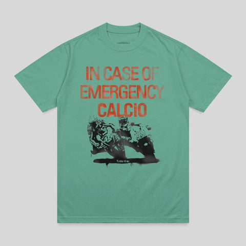 Green t-shirt with "IN CASE OF EMERGENCY CALCIO" and motorcycle graphic.