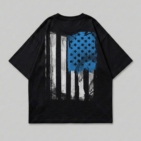 Black t-shirt with a distressed American flag graphic on the back.