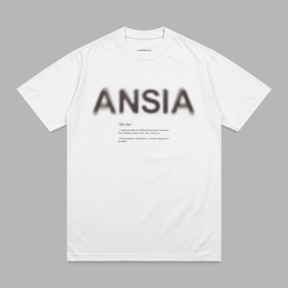 Gray t-shirt with bold "ANSIA" text and its Italian dictionary definition.