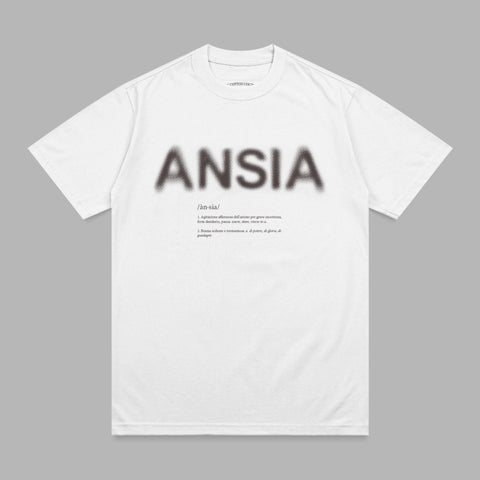 Gray t-shirt with bold "ANSIA" text and its Italian dictionary definition.
