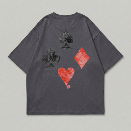 Dark grey t-shirt with four playing card suits: spade, club, diamond, and heart.