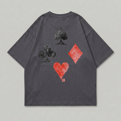 Dark grey t-shirt with four playing card suits: spade, club, diamond, and heart.