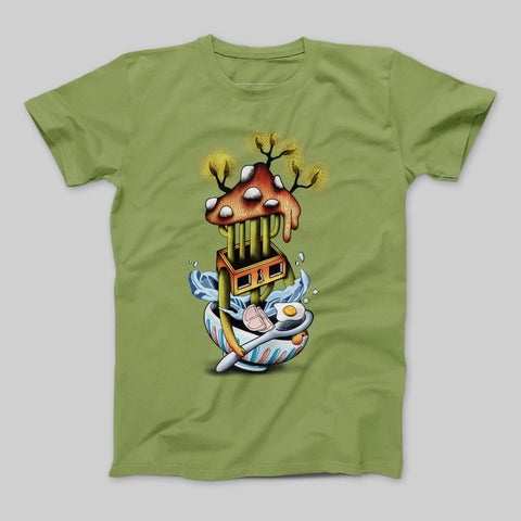 Unique Mushroom and House Art Design T-shirt