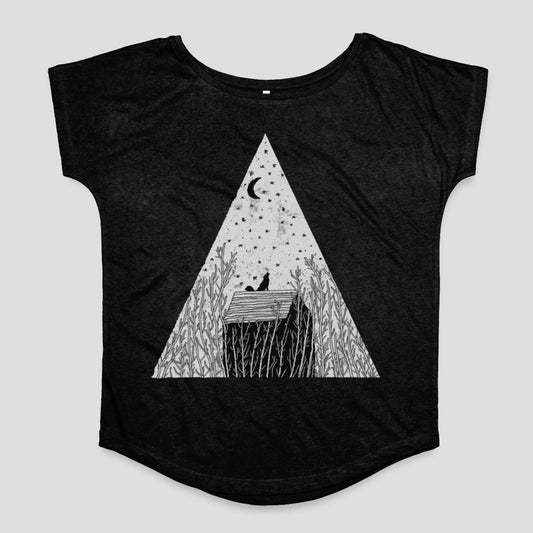 Cat and Moon Triangular Art Graphic T-shirt