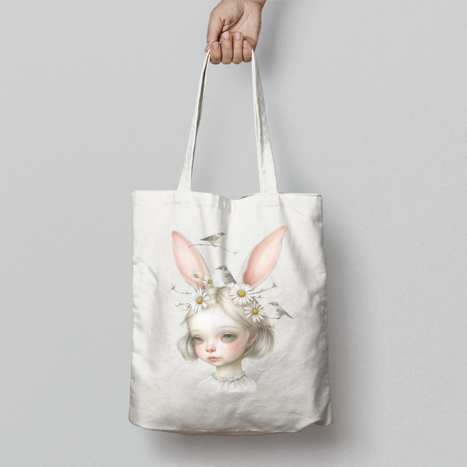 Whimsical Girl with Bunny Ears and Flowers Tote Bag