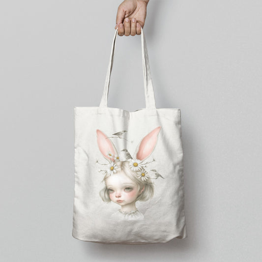 Whimsical Girl with Bunny Ears and Flowers Tote Bag
