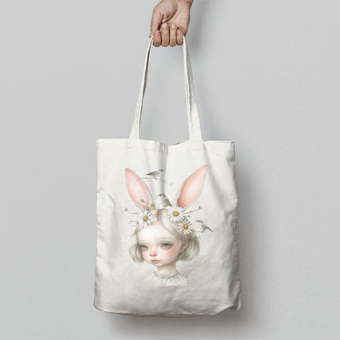 Whimsical Girl with Bunny Ears and Flowers Tote Bag