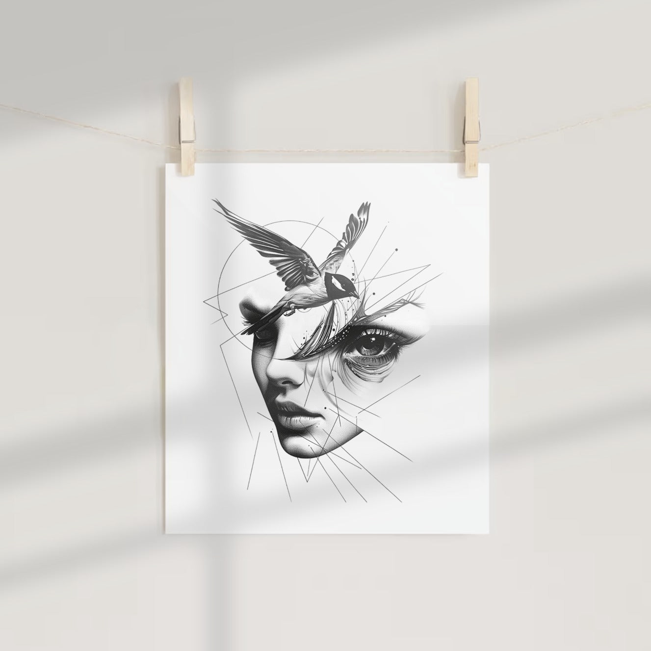 Abstract Woman Face with Bird Illustration Art Print