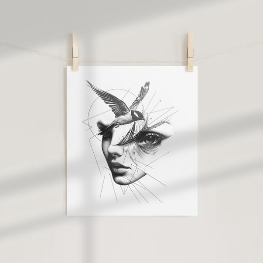 Abstract Woman Face with Bird Illustration Art Print