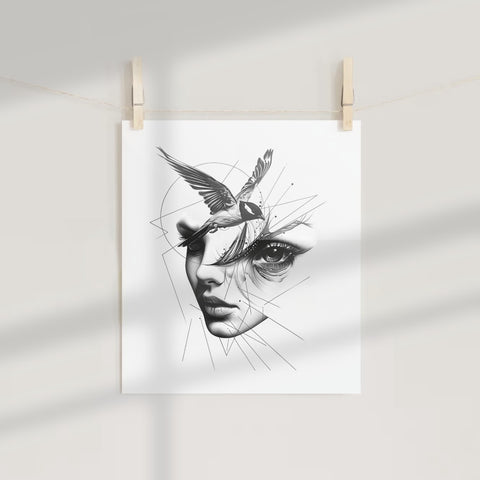 Abstract Woman Face with Bird Illustration Art Print