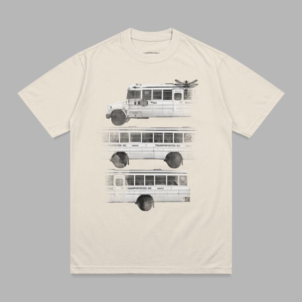 Three vintage buses stacked vertically on a cream t-shirt.