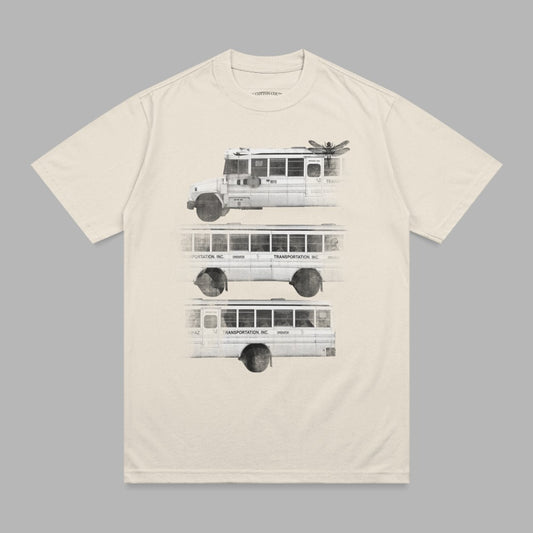 Three vintage buses stacked vertically on a cream t-shirt.