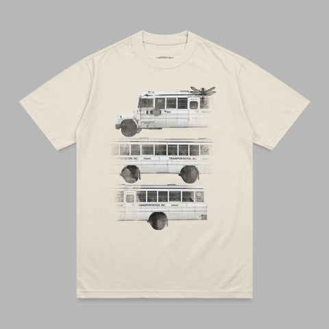 Three vintage buses stacked vertically on a cream t-shirt.