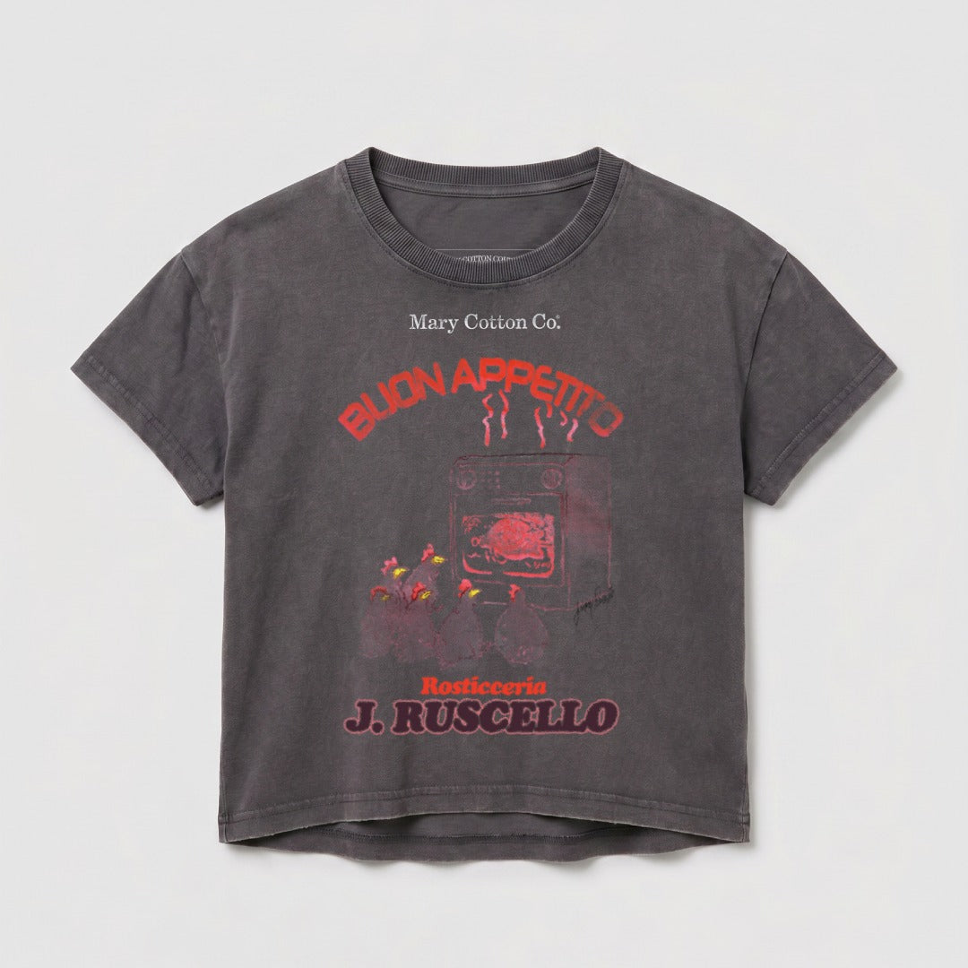 Grey t-shirt with "Buon Appetito J. Ruscello" and oven graphic.