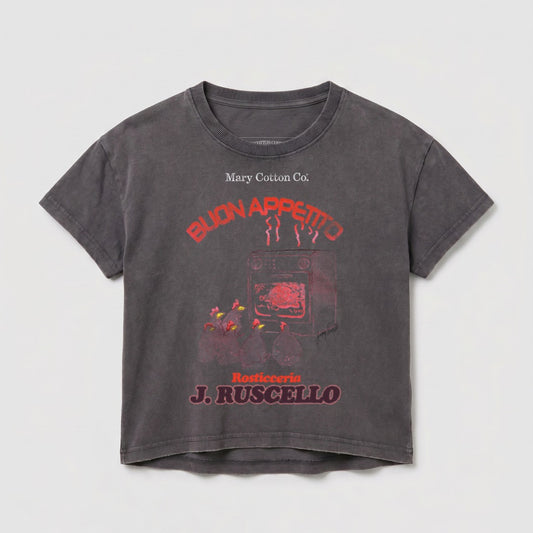 Grey t-shirt with "Buon Appetito J. Ruscello" and oven graphic.