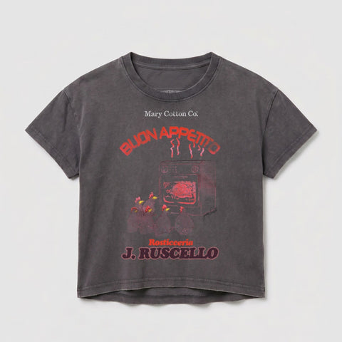 Grey t-shirt with "Buon Appetito J. Ruscello" and oven graphic.