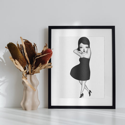 Stunning Framed Art with Elegant Woman in Black Dress Drawing